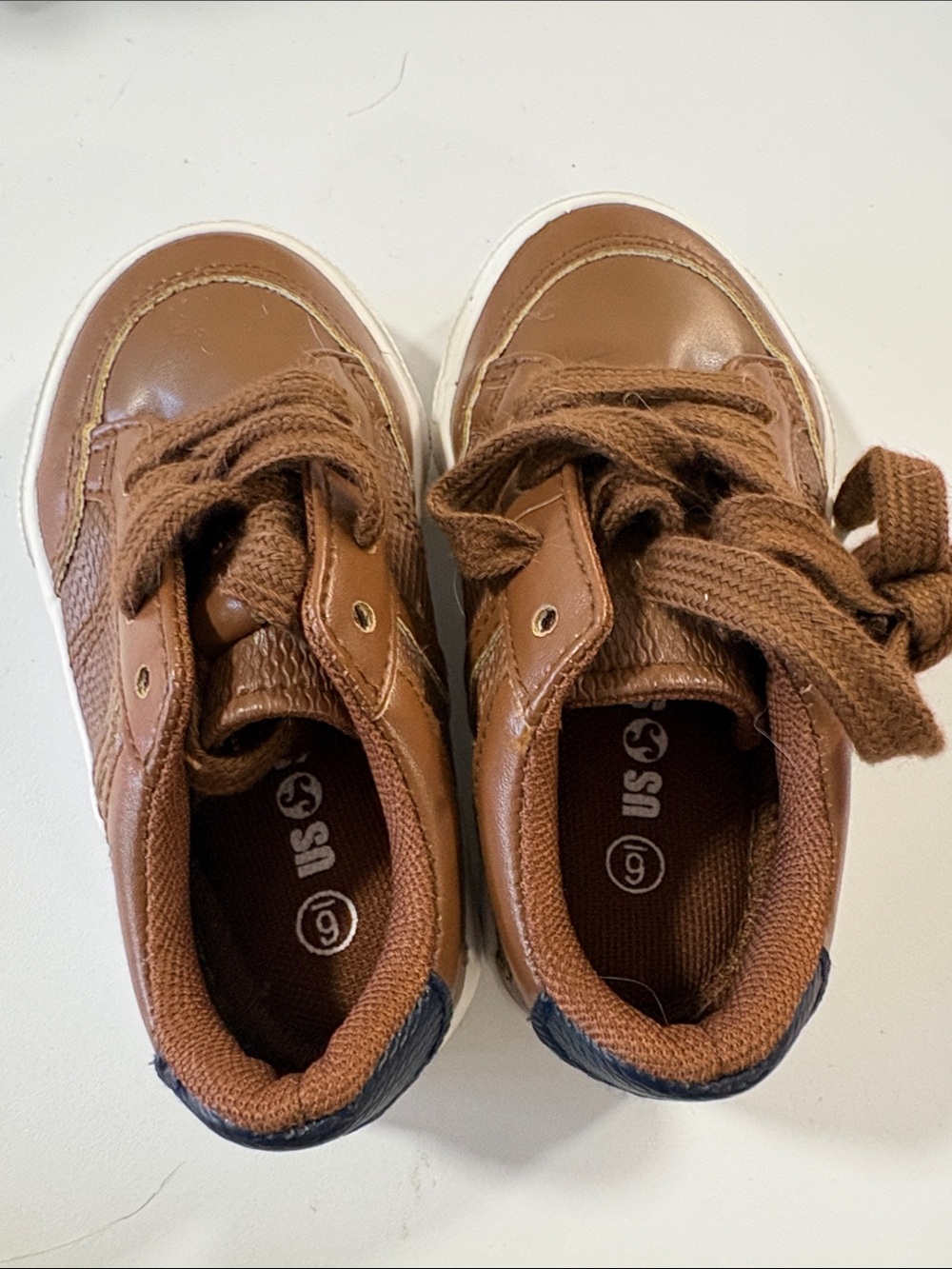 Kids Brown Leather-Style Lace-Up Sneakers